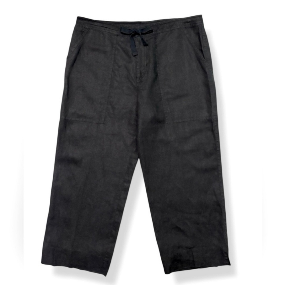 DEBRA DEROO Black Linen Wide Leg Cropped Flat Front Pants